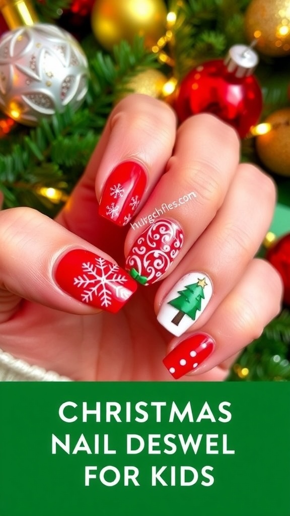 Festive Christmas nail designs for kids with red and green colors, snowflakes, and candy canes.
